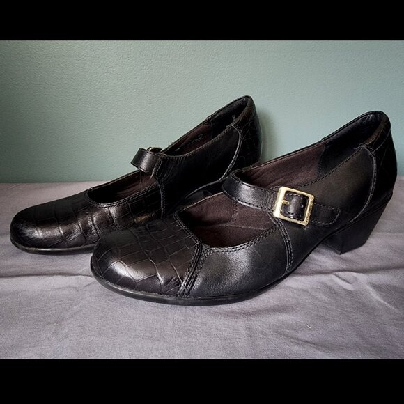 Clarks Ingalls Artic Mary Jane Shoes 10M Black Leather Crocodile Design - Picture 1 of 11